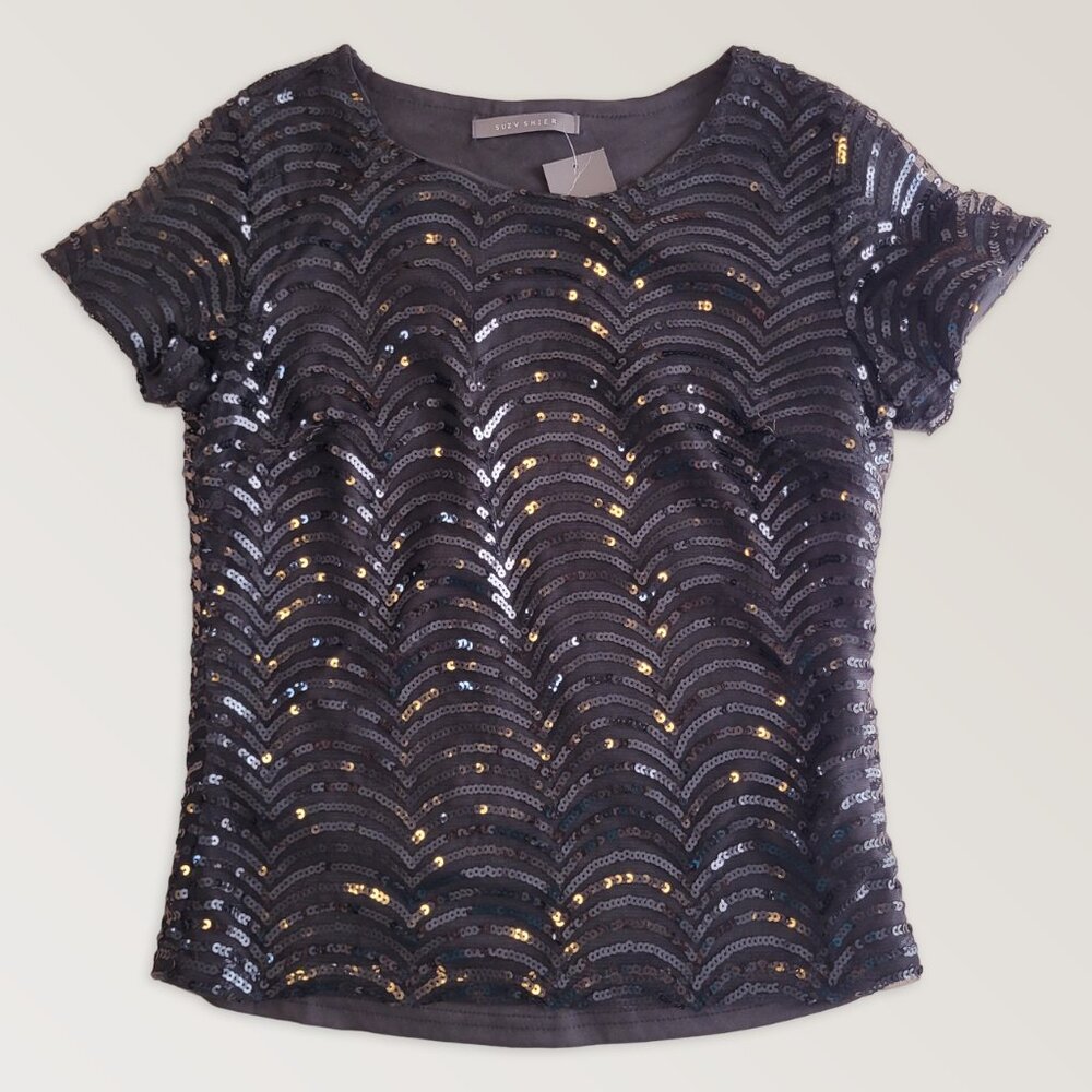 SUZY Black Sequins Party Blouse, Christmas T-Shirt Top, Size XS